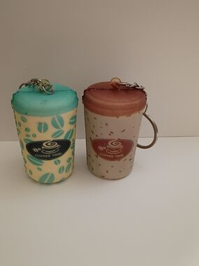 Coffee Cup Keychains Duo - Blue & Brown 2" Tall